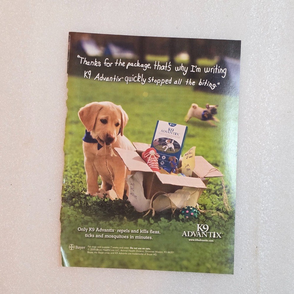 Vintage Print Ad K9 Advantix puppies yellow lab Pug dogs color 8x10.5 2004